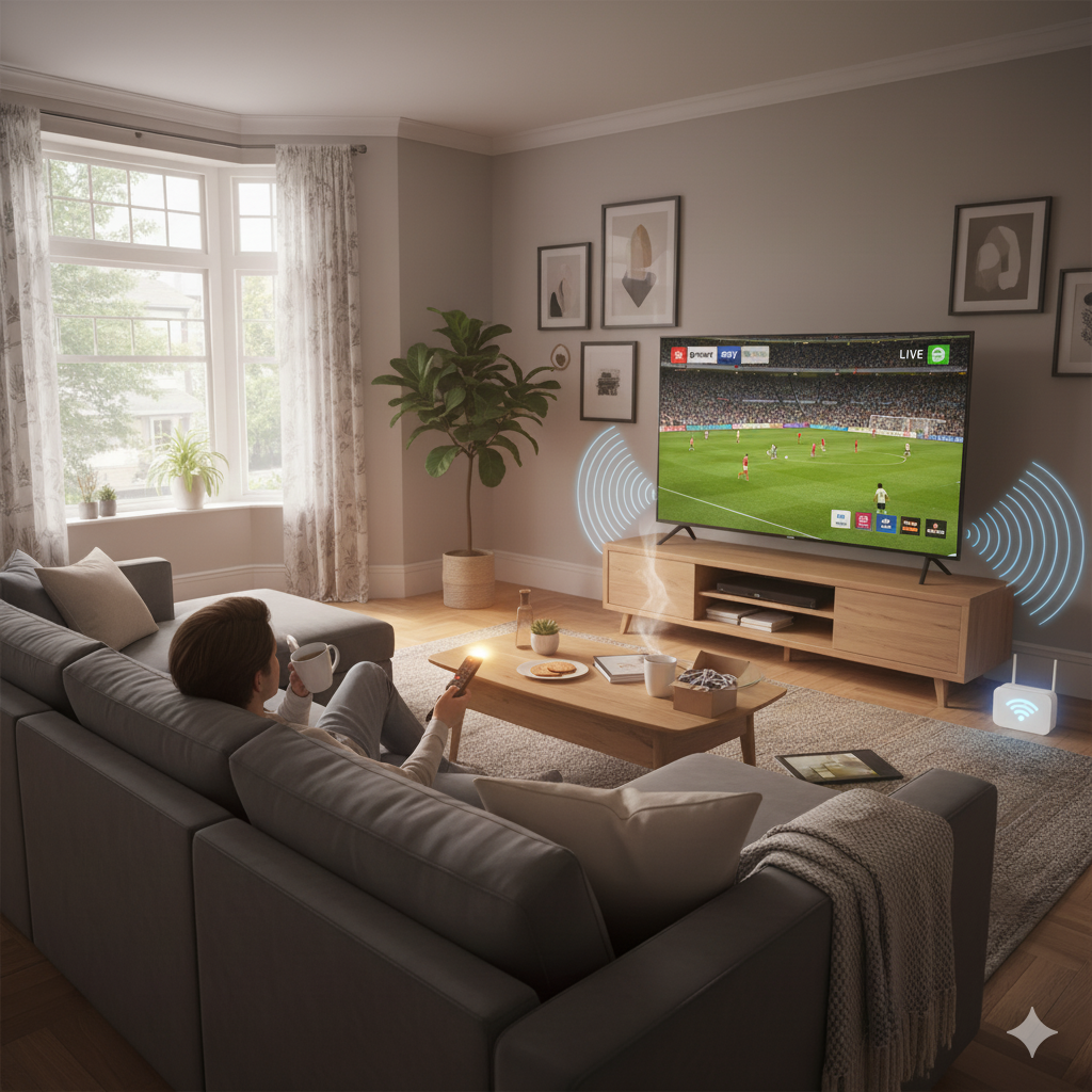 Person watching live football on a smart TV in a UK living room using IPTV UK streaming, with remote and tea on the table.