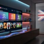 Modern 4K smart TV streaming IPTV in the UK with high-speed fibre broadband connection, representing best IPTV UK 2026 services.