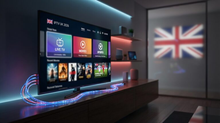 Modern 4K smart TV streaming IPTV in the UK with high-speed fibre broadband connection, representing best IPTV UK 2026 services.